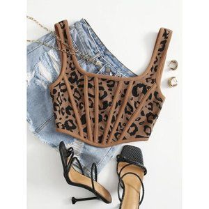 Shein XS US 2 Animal Leopard Print Crop Asymmetric Hem Tank Top Zip Back